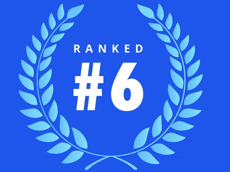 Graphic design with laurel wreath, the words "Ranked #6" inside the wreath.