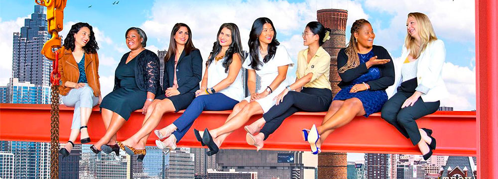 Graphic design of women faculty sitting on an I-beam.