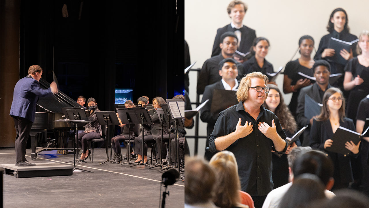 Composite image showing BJ Diden conducting the Symphonic Band on the left, Nathan Frank directing the Chamber Choir on the right