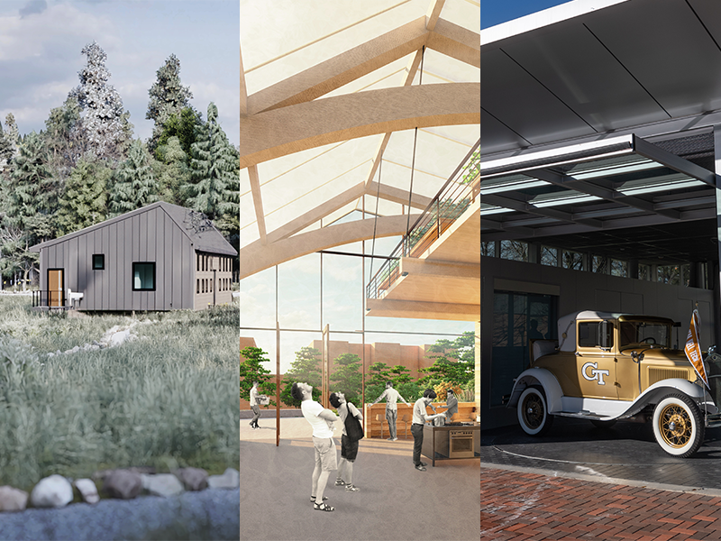 Composite image featuring sections of two design proposal renders from award-winning student projects, and a photo of the Reck Garage with the Ramblin' Wreck inside.