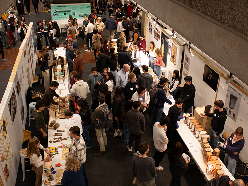Overhead shot of people mingling at Launchpad Design Showcase