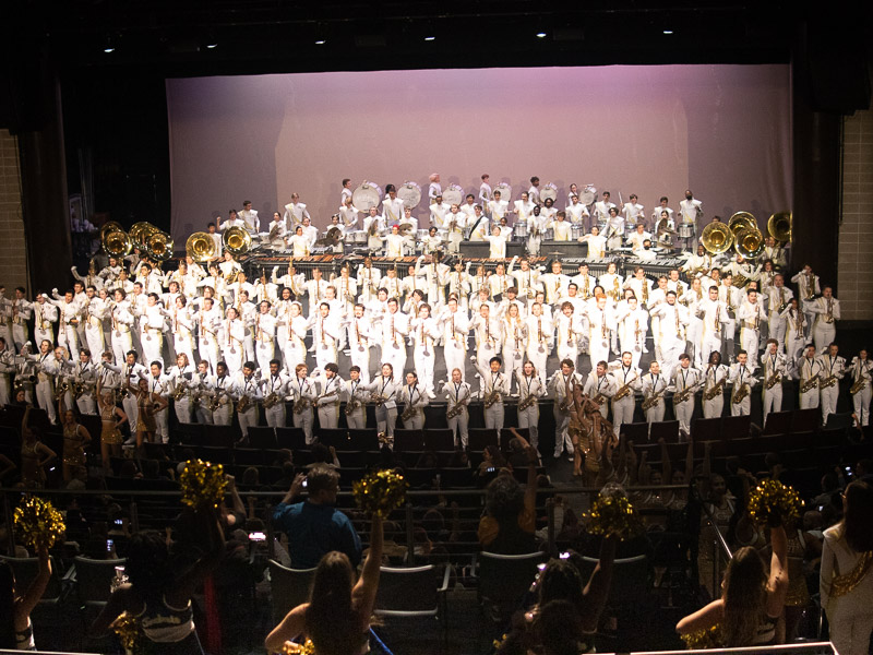 Georgia Tech's Yellow Jacket Marching Band performs on stage at Ferst Center for the Arts