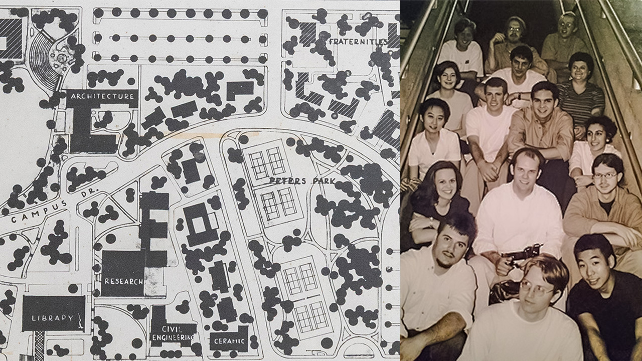 A photo of the 1952 Georgia Tech campus plan, left, and a photo of Dan Nemec and fellow architecture students from 1999, right.